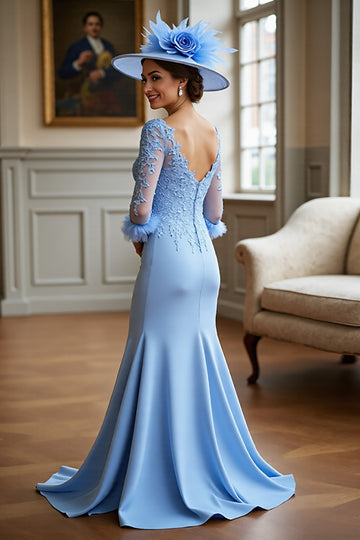 Sky Blue Mermaid Appliqued Fringed Mother Of The Bride Dress
